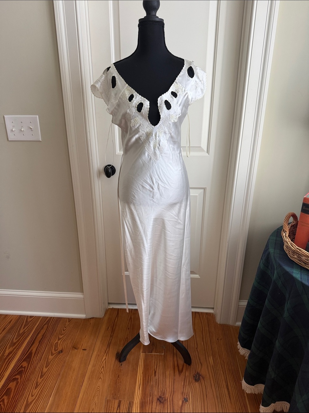 Marc Jacobs White Satin Midi Dress with Lace Cutout Yoke
